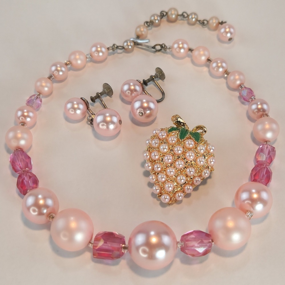 Vintage Pink Faux Pearl Necklace Dangle Earrings Strawberry Brooch Married Set